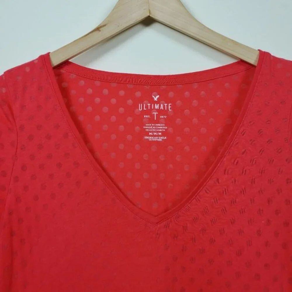 American Eagle Ultimate T-Shirt Pink Polka Dot Sheer Cotton V Neck Women Size M - Picture 2 of 9